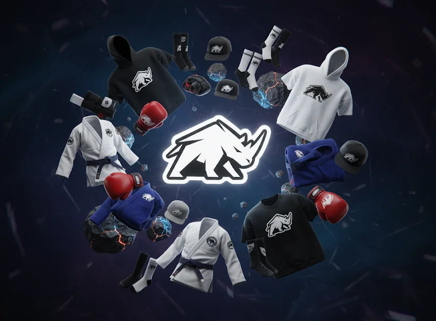 Banner de la marca de streetwear de MMA, boxeo, muay thai y bjj Kombat Life con prendas de streetwear alrededor de su logo
