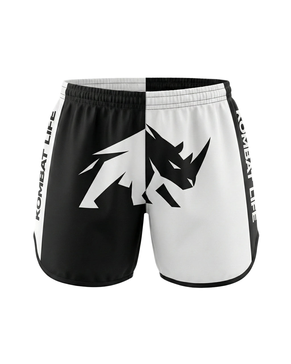 Fight shorts MMA BJJ blanco y negro Kombat Life, pantalones no-gi para artes marciales y grappling parte frontal