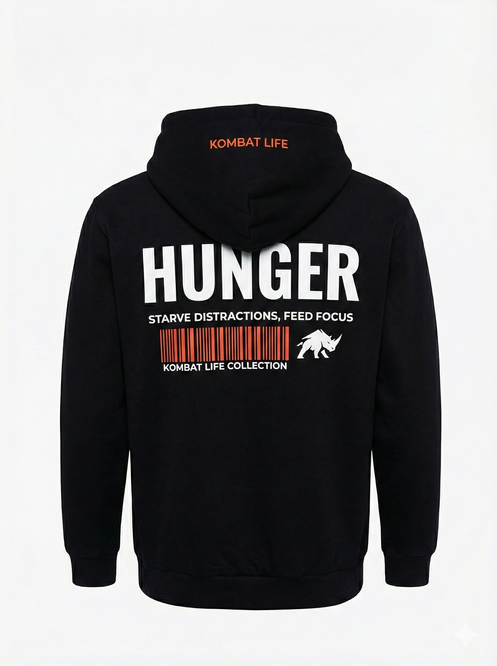 Hoodie negro Hunger Kombat Life sudadera con capucha streetwear fighter para entrenamiento y calle vista trasera 