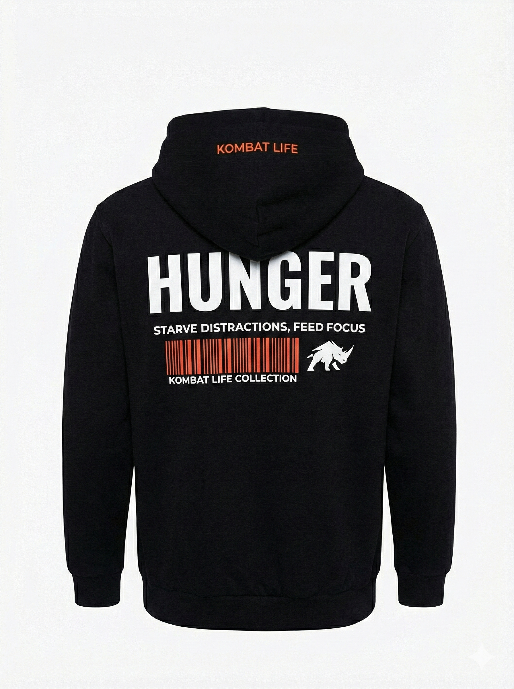 Hoodie negro Hunger Kombat Life sudadera con capucha streetwear fighter para entrenamiento y calle vista trasera 