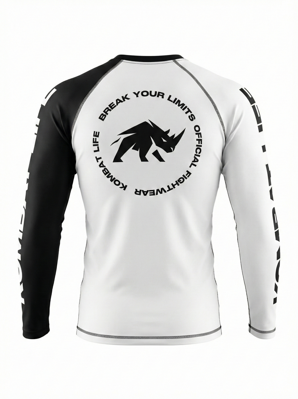Rashguard manga larga MMA BJJ Kombat Life bicolor blanco y negro para no-gi y grappling vista trasera