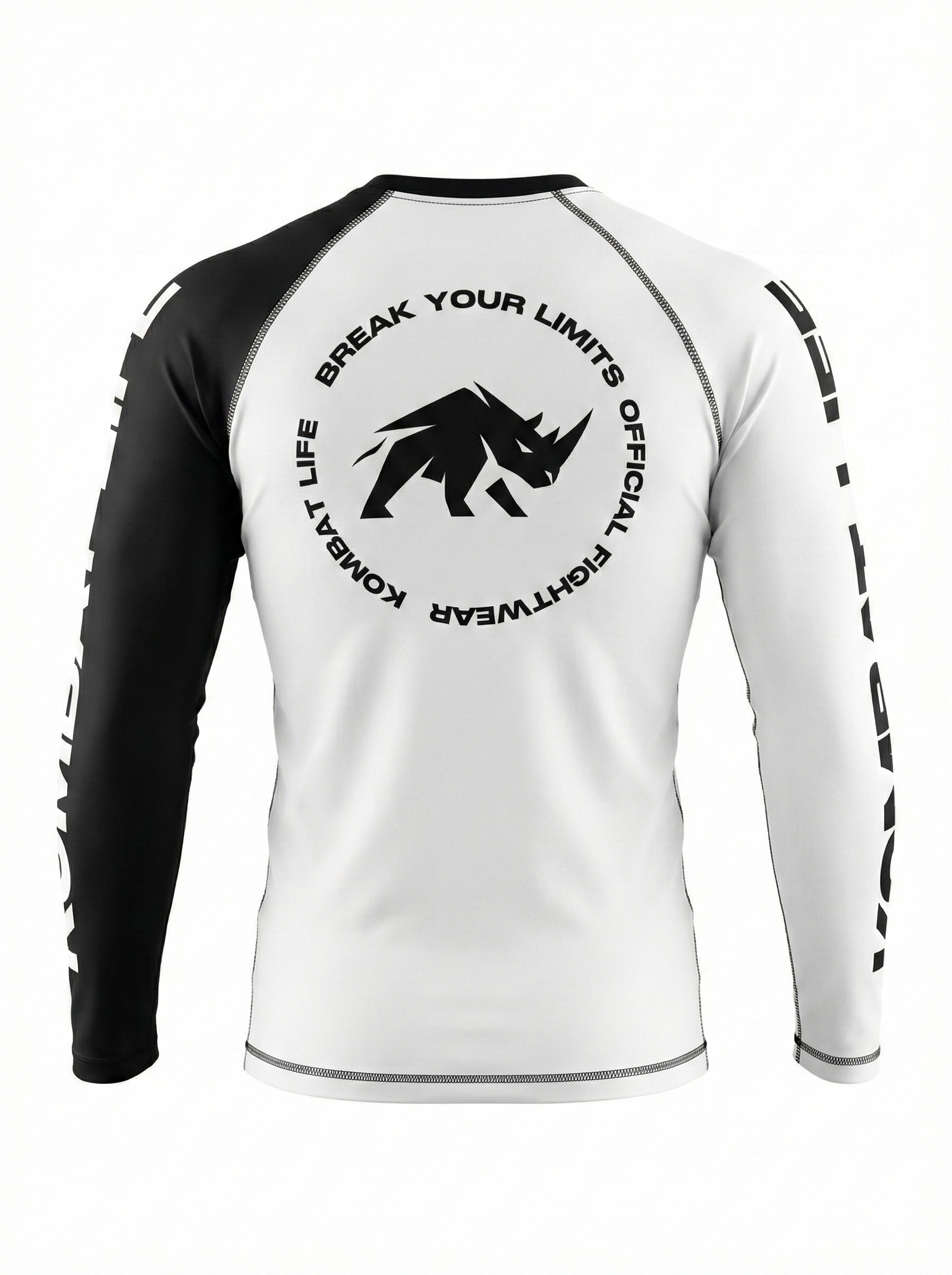 Rashguard manga larga MMA BJJ Kombat Life bicolor blanco y negro para no-gi y grappling vista trasera