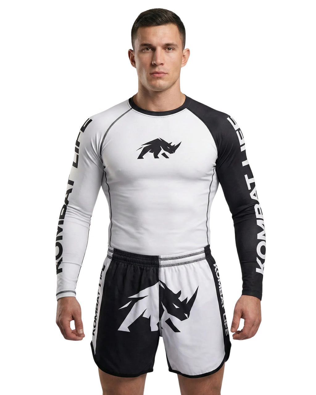 Rashguard manga larga MMA BJJ Kombat Life bicolor blanco y negro para no-gi y grappling vista frontal