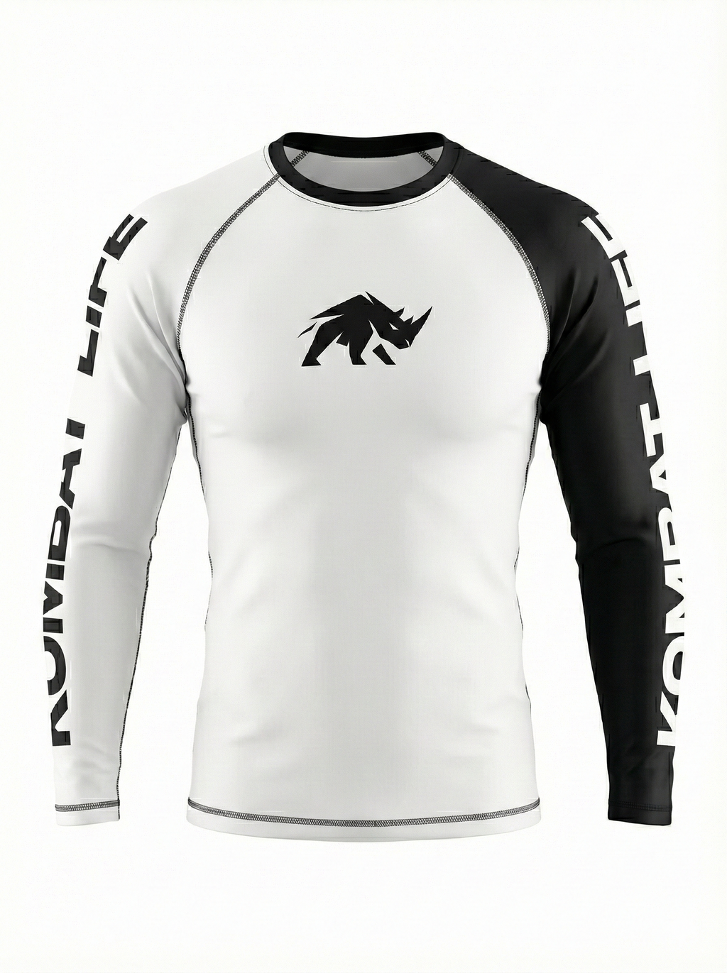 Rashguard manga larga MMA BJJ Kombat Life bicolor blanco y negro para no-gi y grappling vista frontal