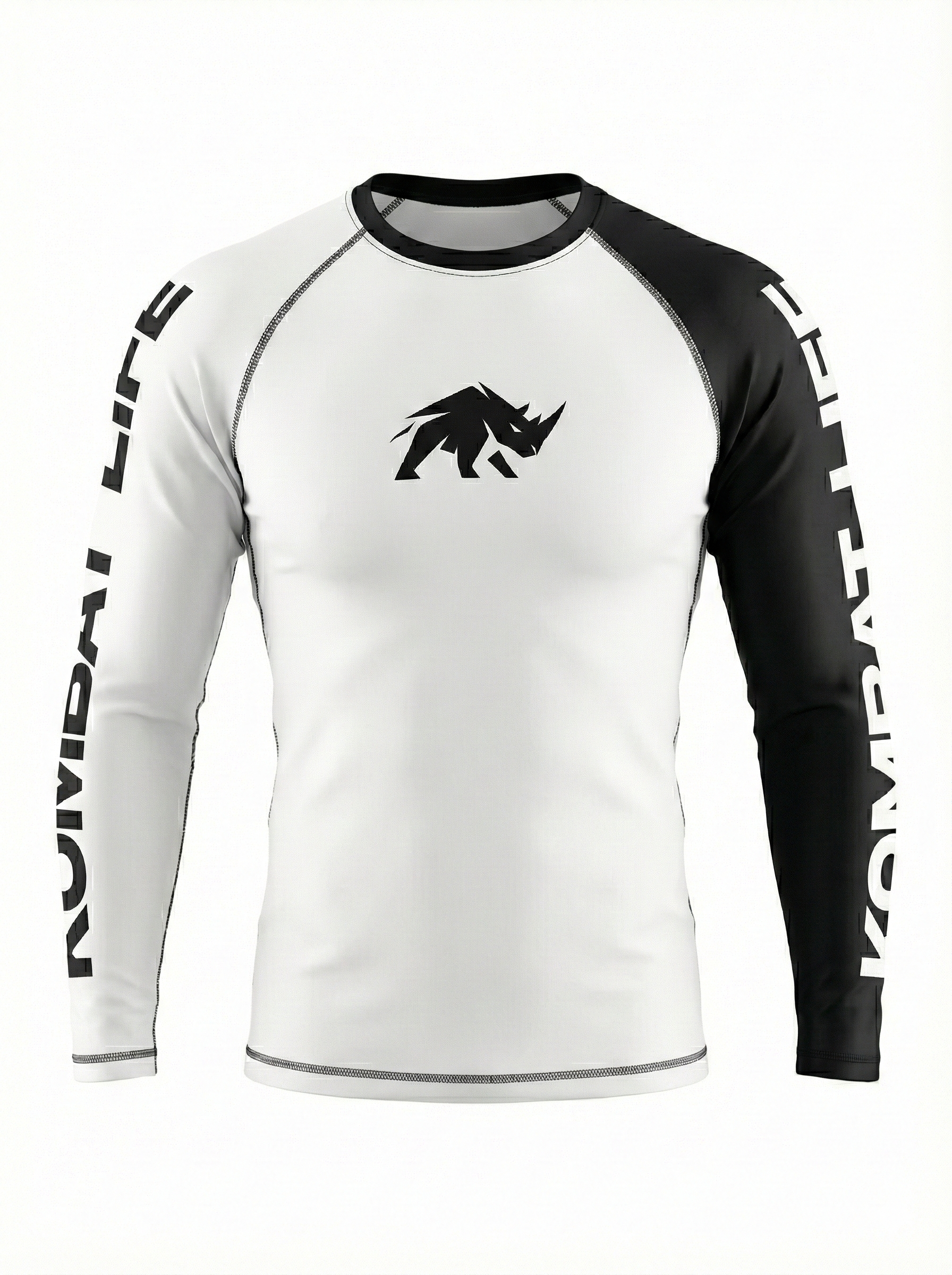 Rashguard manga larga MMA BJJ Kombat Life bicolor blanco y negro para no-gi y grappling vista frontal